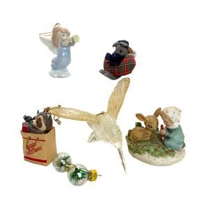 Lot of 7 Vintage Ornaments Angel Woodland Mouse Raccoon Bird And Child With Fawn